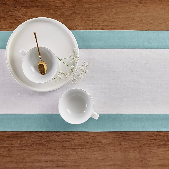 Solino Home Linen Table Runner 108 Inches Long - Aqua Blue and White 100% Pure Linen 14 x 108 Inch Table Runner for Dining - Contempo