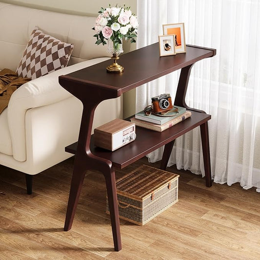 Tribesigns Solid Wood Side Table, 2-Tier Narrow Tall End Table with Storage Shelves, Slim Side Table for Couch, Long Bedside Table for Bedroom, Living Room, Burgundy
