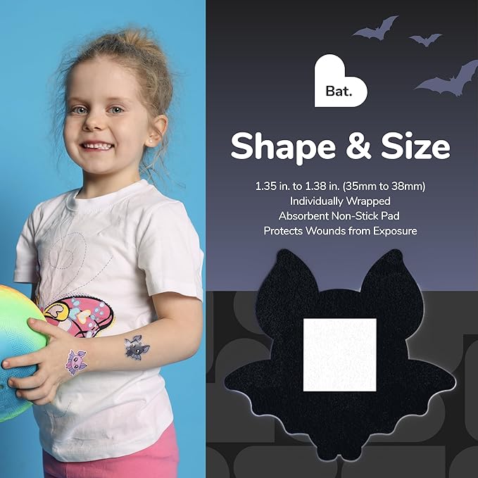 BioSwiss Kids Bandages, Halloween Bat Shaped Self Adhesive Bandage Set, Latex Free, Sterile Wound Care, 24 Count