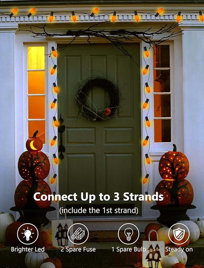 25Ft Halloween Ceramic String Lights, C9 Opaque Orange String Lights with 25 Vintage Bulbs, Outdoor Hanging Lights for Halloween Party Christmas Tree Prom Decor, 7W, C9/E17 Base, Black Wire