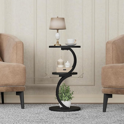 JUSTOGO Small Round Side Table, 3-Tier End Table for Living Room, Vintage Nightstand for Small Spaces Sofa Couch Corner Bedside Bedroom, S-Shaped Wood Accent Table Metal Coffee Table, Black