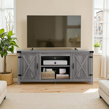 YESHOMY Modern Farmhouse TV Stand with Two Barn Doors and Storage Cabinets for Televisions up to 65+ Inch,Entertainment Center Console Table,Media Furniture for Living Room,Light Grey