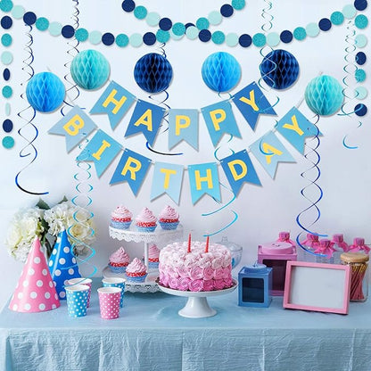 Blue Birthday Decorations with Happy Birthday Banner, Paper Honeycomb Balls, Circle Garland and Hanging Swirl Decorations, Birthday Party Decorations