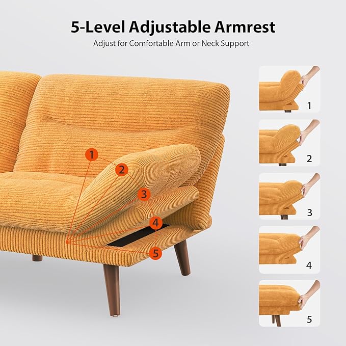 Pipishell Futon Sofa Bed, 66 Inch Corduroy Futon Couch Convertible with Adjustable Backrest and Armrests, Recliner Sleeper Sofa for Small Spaces, Living Room, Office, Guest Room (Yellow, 66 Inch) | Adjustable