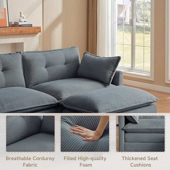 Modular Sectional Sofa, 111.5" U-Shaped Corduroy Comfy Sectional Couches for Living Room, 3-Seater Cloud Couches with 2 Movable Ottomans, Flexible Combination Modern Deep Seat Sofa (Grey)