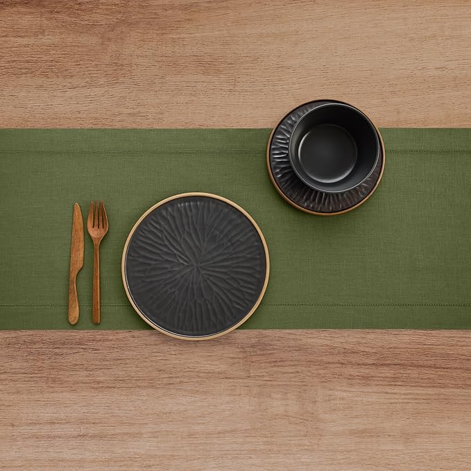 Solino Home Olive Linen Table Runner 156 Inches Long - 100% Pure Linen Classic Hemstitch Table Runner 14 x 156 Inch for Wedding, Parties, Fall, Autumn, New Year, Christmas