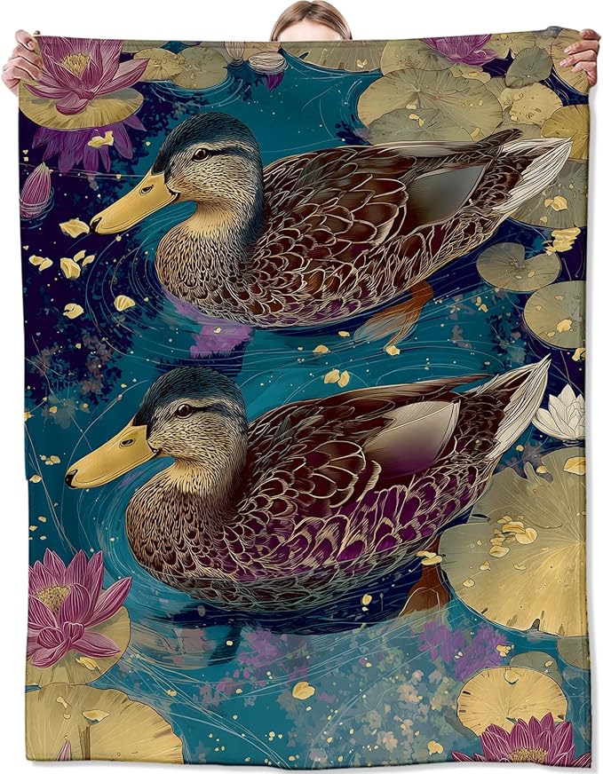 Retro Duck Floral Blanket,Vintage Elegant Lotus Flower and Lily Pad Blankts,Gifts for Nature Lovers Women Girls,Dorm Cabin Picnic and Travel Decor,Soft Cozy Lightweight Flannel Throw,50"x60"
