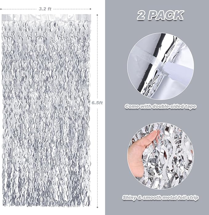 2 Pack 3.2x6.5 Feet Wavy Silver Foil Curtain Backdrop Metallic Tinsel Foil Fringe Curtains Photo Booth Props for Birthday Bachelorette Wedding Engagement Baby Shower Disco Party Decorations