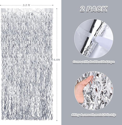 2 Pack 3.2x6.5 Feet Wavy Silver Foil Curtain Backdrop Metallic Tinsel Foil Fringe Curtains Photo Booth Props for Birthday Bachelorette Wedding Engagement Baby Shower Disco Party Decorations