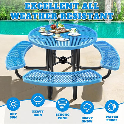 47'' Heavy-Duty Metal Picnic Tables with Umbrella Hole, Outdoor Steel Heavy Duty Commercial Grade Black Table, Outdoor Bench Set for Lawn, Patio, Park, Yard, Garden, Porch (Set C, Round)