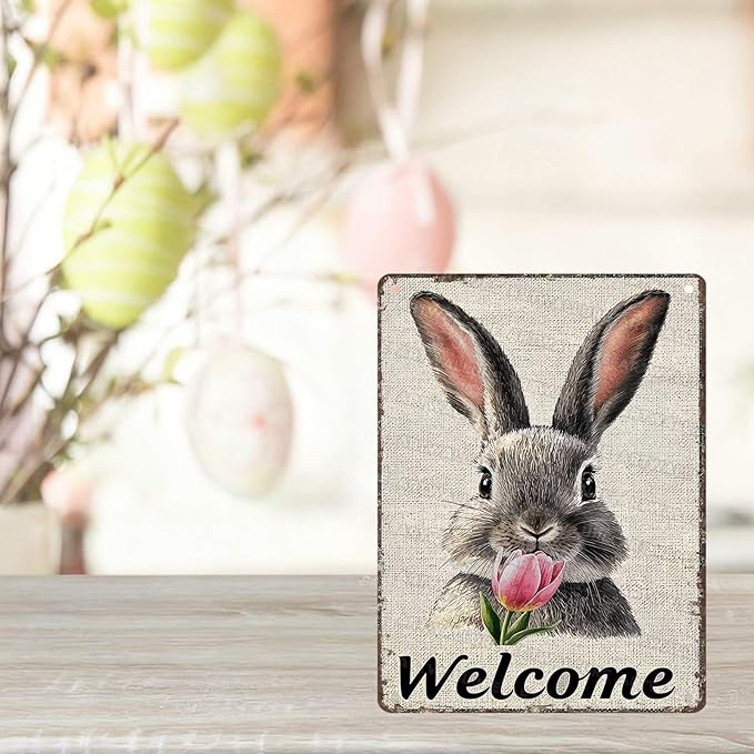 Easter Bunny Tin Sign Retro Tulips - Fun and Metal Sign for Homes Bedrooms Gardens Hallways Parties Spring Decorations 12x16Inch