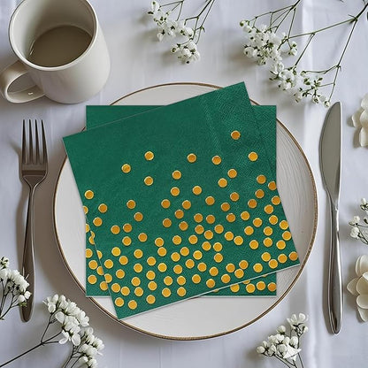 100 Pack 6.5x6.5 Inch Disposable Green and Gold Cocktail Napkins