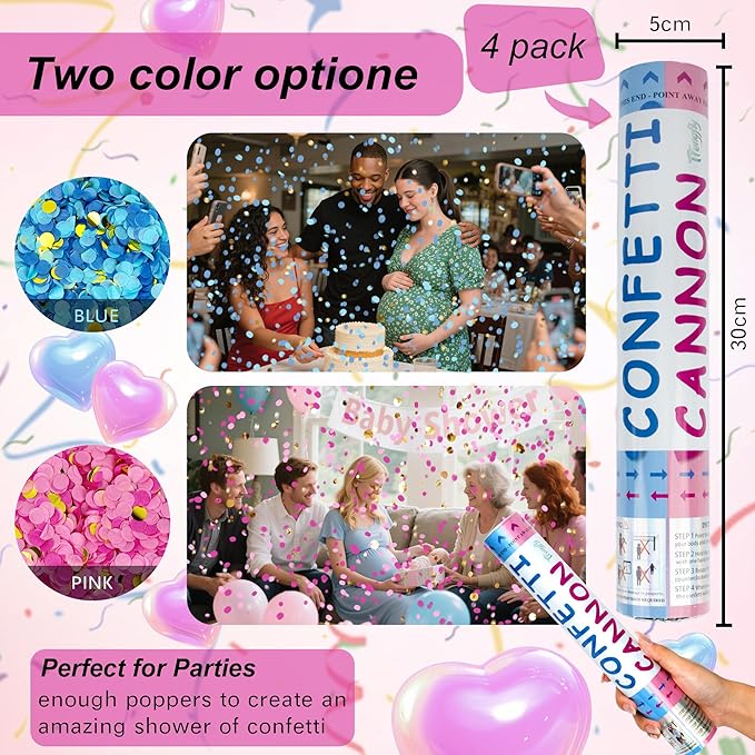 4 Pack Gender Reveal Confetti Cannon, 12 in Pink Round Shaped Paper Party Poppers Cannons, Confetti Poppers For Baby Boy Girl Gender Reveal Baby Showers (Round, Pink)