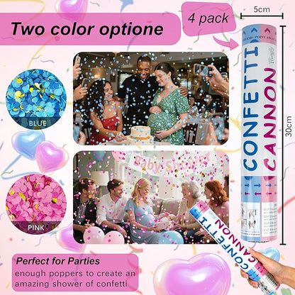 4 Pack Gender Reveal Confetti Cannon, 12 in Pink Round Shaped Paper Party Poppers Cannons, Confetti Poppers For Baby Boy Girl Gender Reveal Baby Showers (Round, Pink)