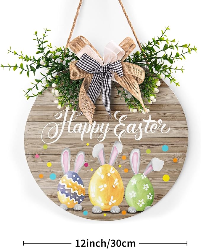 Happy Easter Wooden Hanging Sign Easter Colorful Eggs Bunny Sign Door Decoration Rustic Easter Wood Wreath Sign for Easter Spring Holiday Front Door Wall Rustic Farmhouse Porch Decor 12 x 12 Inch