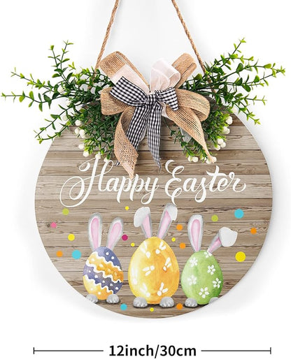 Happy Easter Wooden Hanging Sign Easter Colorful Eggs Bunny Sign Door Decoration Rustic Easter Wood Wreath Sign for Easter Spring Holiday Front Door Wall Rustic Farmhouse Porch Decor 12 x 12 Inch