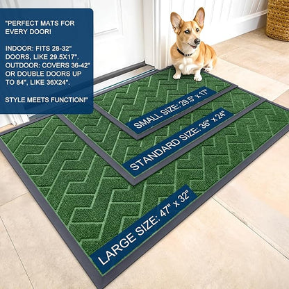 OLANLY Front Door Mat Indoor Outdoor Entrance, Waterproof All-Season, All-Weather Doormat, Sturdy Natural Rubber, Low Profile, Easy Clean Patio Porch Entryway Mat, Herringbone Brick (Green, 47x23)
