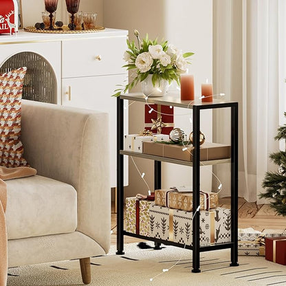 Narrow Side Table for Small Space, 2-Tier Small End Table with Shelf Holder, Slim Nightstand, Skinny Snack Couch Table in Living Room, Bedroom, Study, Kitchen and Balcony (Greige)