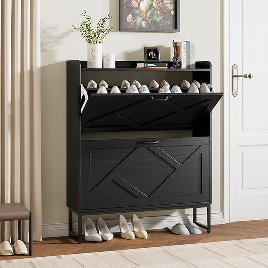 Nicetree Shoe Storage Cabinet with 2 Flip Drawers, Freestanding Shoe Organizer, Shoe Cabinet with Metal Legs, Farmhouse Slim Shoe Cabinet for Entryway, Foyer, Hallway, Black