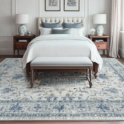 Area Rugs 10'x14' Washable Non-Slip, Floral Vintage Distress Print Pattern Medallion Carpet for Living Room Bedroom Dining Room, Light Blue Navy Beige Gray White