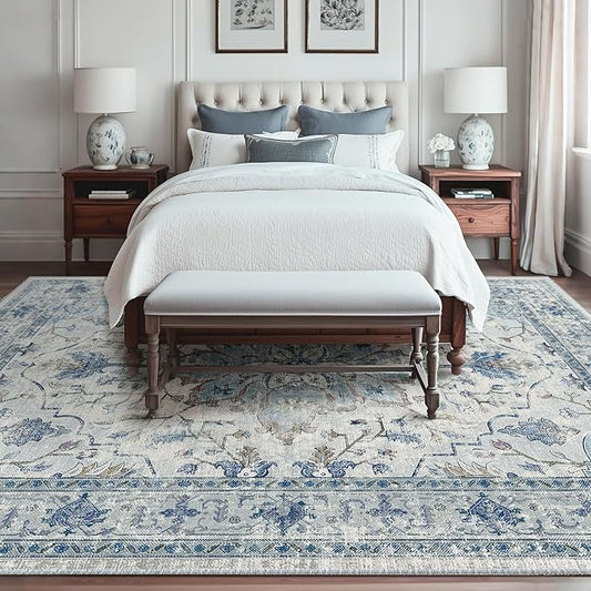 Area Rugs 10'x14' Washable Non-Slip, Floral Vintage Distress Print Pattern Medallion Carpet for Living Room Bedroom Dining Room, Light Blue Navy Beige Gray White