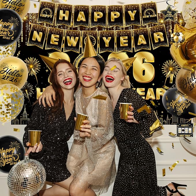 New Years Decorations 2026 - Happy New Years Eve Party Supplies Include Banner, Backdrop, Door Banner, Foil 2026 Balloons, Latex Balloons, Swirls for NYE Party Decorations