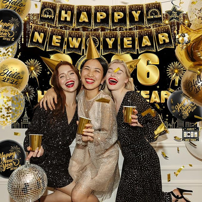 New Years Decorations 2026 - Happy New Years Eve Party Supplies Include Banner, Backdrop, Door Banner, Foil 2026 Balloons, Latex Balloons, Swirls for NYE Party Decorations