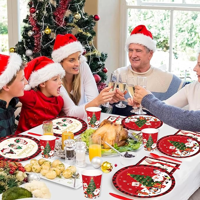 175PCS Large Christmas Paper Plates and Napkins Serves 25, Red Disposable Dinnerware Set, Christmas Party Supplies Decoration, Holiday Party Plates Total
