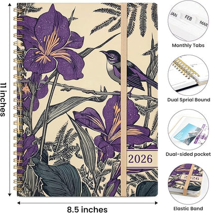 2026 Planner, Weekly and Monthly Planner for Women, Jan 2026 - Dec 2026 Pretty 2026 Calendar Planner with Monthly Tabs, Inner Pocket, Spiral Binding, Perfect for Office Home School - 8.5" x 11", Iris Bird