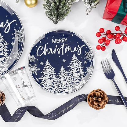 Supernal 150pcs Blue Christmas Plastic Plates - Christmas Party Tableware Set Include Blue Plastic Plates with White Xmas Trees, Heavy Duty Silverware Disposable, Silver Cups for New Year