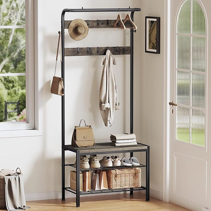 DUMOS Hall Tree with Shoe Bench and Coat Rack, Entryway Bench with Shoe Storage and Hooks, 4-in-1 Coat and Shoe Rack for Entryway, Mudroom Storage Organizer with Shelves, Grey