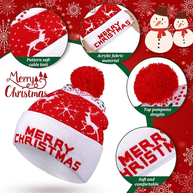 Vicenpal 6 Pcs Christmas Knitted Hat Xmas Beanie Hat Bulk Crochet Knit Cap Set Printed Wool Bulk
