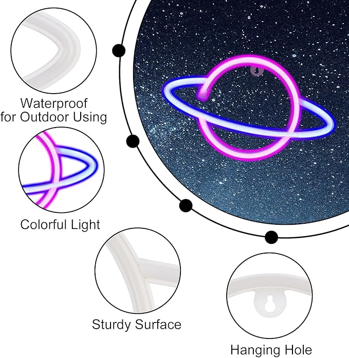 4 Pcs LED Decorative Neon Night Signs, Hanging Lighted Up Neon Sign for Bedroom Room Decor Neon Lights Led Cloud Signs Light Sign for Home Decor Pink/Blue Planet