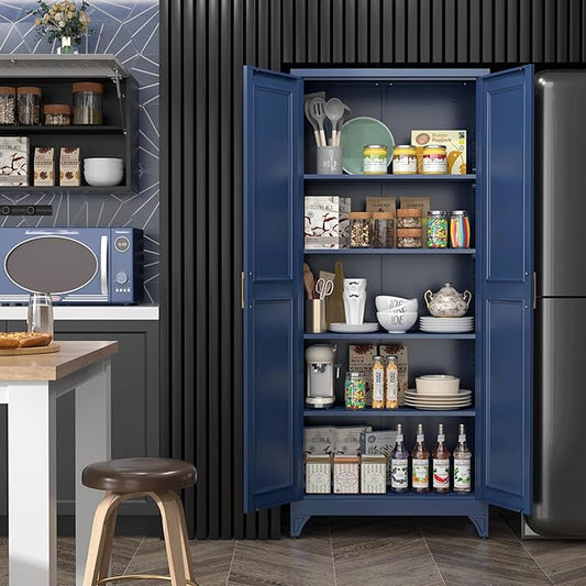 Kitchen Pantry Cabinet,75”Blue Metal Storage Cabinets with Doors and 4 Adjustable Shelves,Kitchen Cabinet with 2 Gold Handles,Tall Cabinet for Livingroom,Pantry, Bathroom
