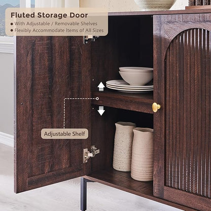Modern Buffet Cabinet with Storage, 34" Tall Fluted Arched Sideboard Cabinet w/Adjustable Shelves, Wooden Modular Coffee Bar for Dining Room, Kitchen, Living Room, Entryway, Brown
