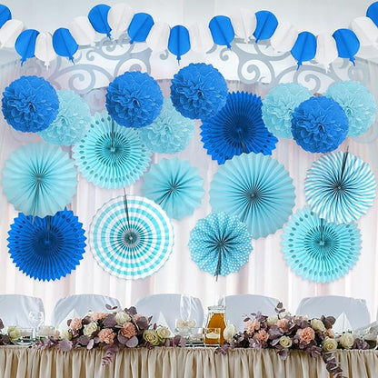 Party Decorations, Blue Papar Fans Pompoms Garlands for Men Boy Fathers Day Graduation Bachelorette Wedding Birthday Baby Showers Birthday Party Decoration