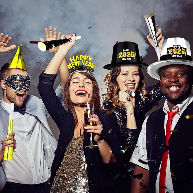 400PCS New Years Party Favors, 2026 New Years Party Hats 200 People, New Years Headbands Gold Black Silver, Plastic Cardboard New Year Supplies Cone Hats Party Blowers Horns