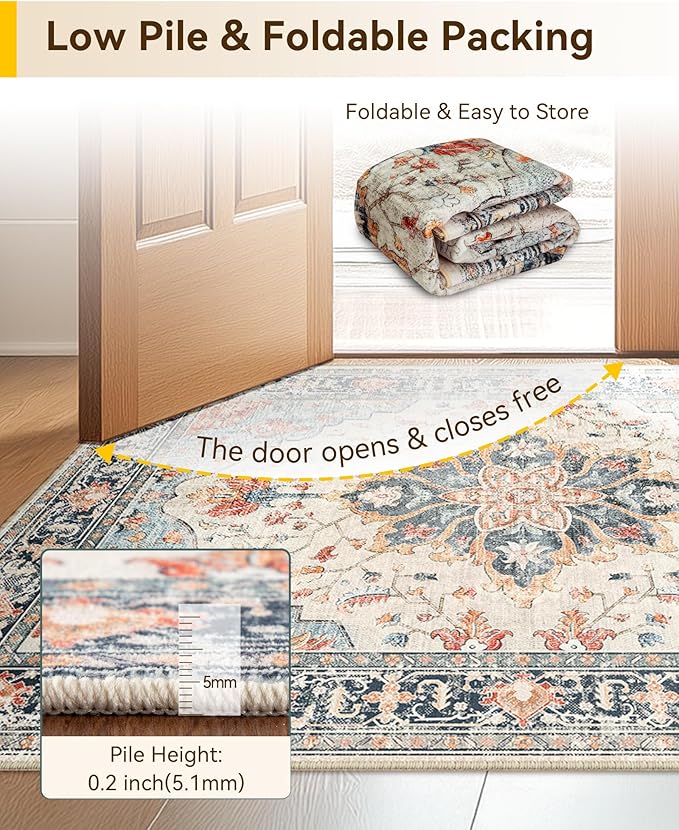 Area Rugs 9'x12' Washable Non-Slip, Floral Vintage Distress Print Pattern Medallion Carpet for Living Room Bedroom Dining Room, Beige Navy Blue Orange Colorful