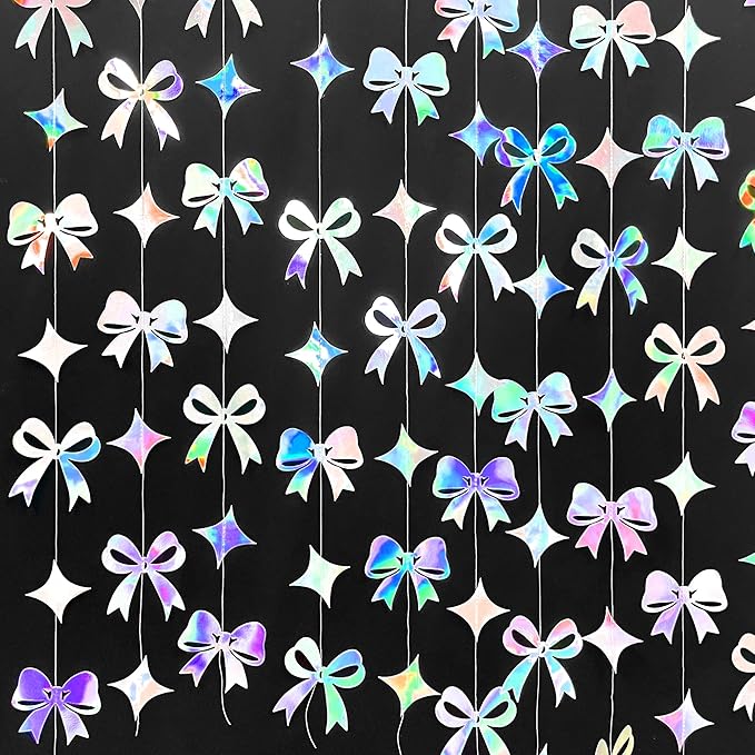 Iridescent Bow Decorations Holographic Paper Star Bow Hanging Garland Streamer Banner for Coquette Birthday Bachelorette Wedding Bridal Shower Engagement Anniversary Hen Party Decorations Supplies