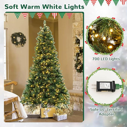 GOLFAME 7FT Pre-Lit Artificial Christmas Tree, Decorative Hinged Xmas Tree with 700 LED Lights, 1188 Branch Tips, Upgraded Metal Stand, Christmas Holiday Tree for Home Office Party