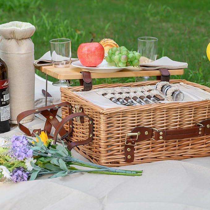 Multifunctional Wicker Picnic Basket Set for 2 with Blanket and Picnic Table, Insulated Picnic Set with Full Tablewares for Camping Outdoor Couples,Natural