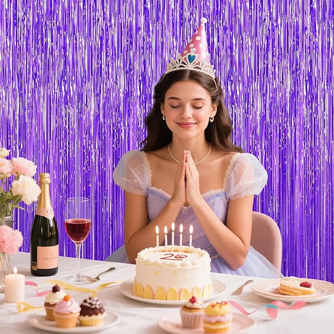 Purple Tinsel Backdrop Foil Fringe Curtains - 2 Packs Door Streamers Backdrop for Birthday Door Decorations, Party Supplies for Bachelorette, Graduation, Christmas, Disco Decor