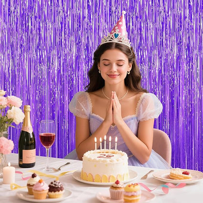 Purple Tinsel Backdrop Foil Fringe Curtains - 2 Packs Door Streamers Backdrop for Birthday Door Decorations, Party Supplies for Bachelorette, Graduation, Christmas, Disco Decor