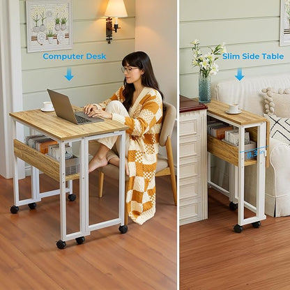 GreenForest Folding Desk Small Rolling Desk with Storage Shelf,31.5 inch Foldable Computer Desk with Wheels for Small Space, Easy Assembly,Oak