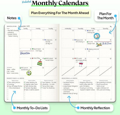Roterunner Purpose Planner Notebook A5 5.8”x8.3” Undated 2026 Daily Weekly and Monthly Productivity Goal Setting Tool for Work Home ADHD Planner for Adults Self Care Journal (Black Softcover)