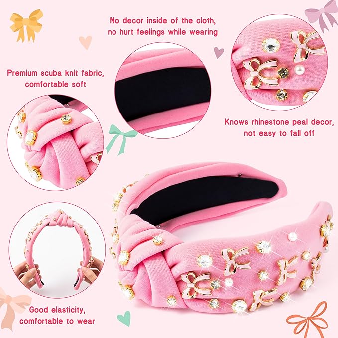 PANTIDE Coquette Pink Bow Jeweled Knotted Headband - Rhinestone Crystal Pearl Embellished Preppy Trendy Headband Wide Top Knot Non Slip Fashion Hairband Accessories Birthday Gift for Women Girl (Pink)