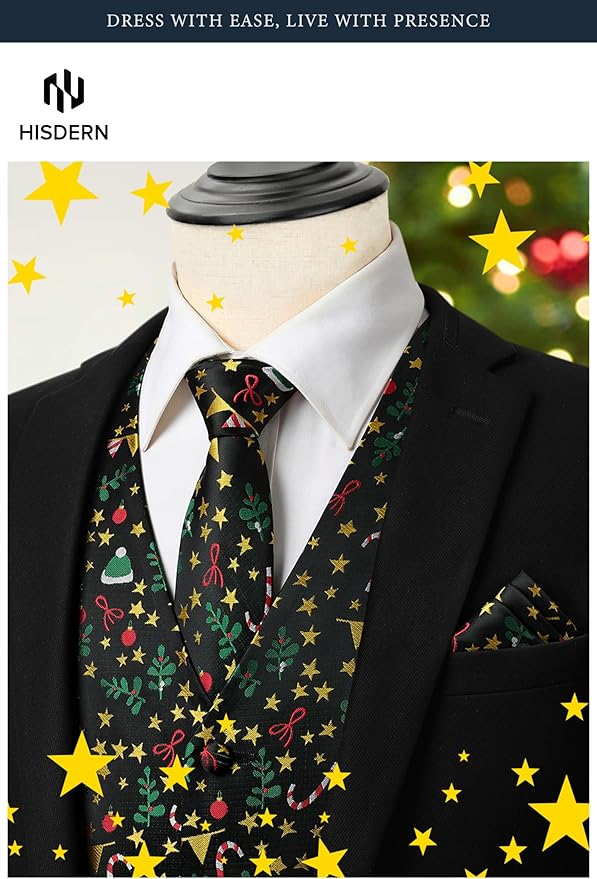 HISDERN Men's Suit Vest Christmas Holiday Season Party Jacquard Waistcoats Necktie Pocket Square Vest Suit Set