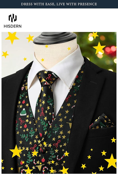 HISDERN Men's Suit Vest Christmas Holiday Season Party Jacquard Waistcoats Necktie Pocket Square Vest Suit Set