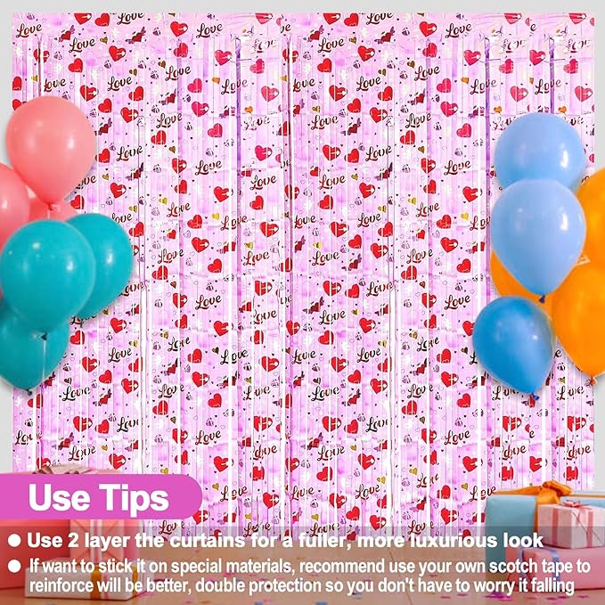 4 Pack Love Pink Fringe Curtain Backdrop 3.2Ft x 8.2Ft Metallic Tinsel Foil Fringe Streamers Background for Photo Booth Mother's Day, Easter, Carnival, Birthday, Wedding Party Decoration
