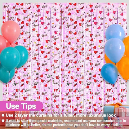 4 Pack Love Pink Fringe Curtain Backdrop 3.2Ft x 8.2Ft Metallic Tinsel Foil Fringe Streamers Background for Photo Booth Mother's Day, Easter, Carnival, Birthday, Wedding Party Decoration